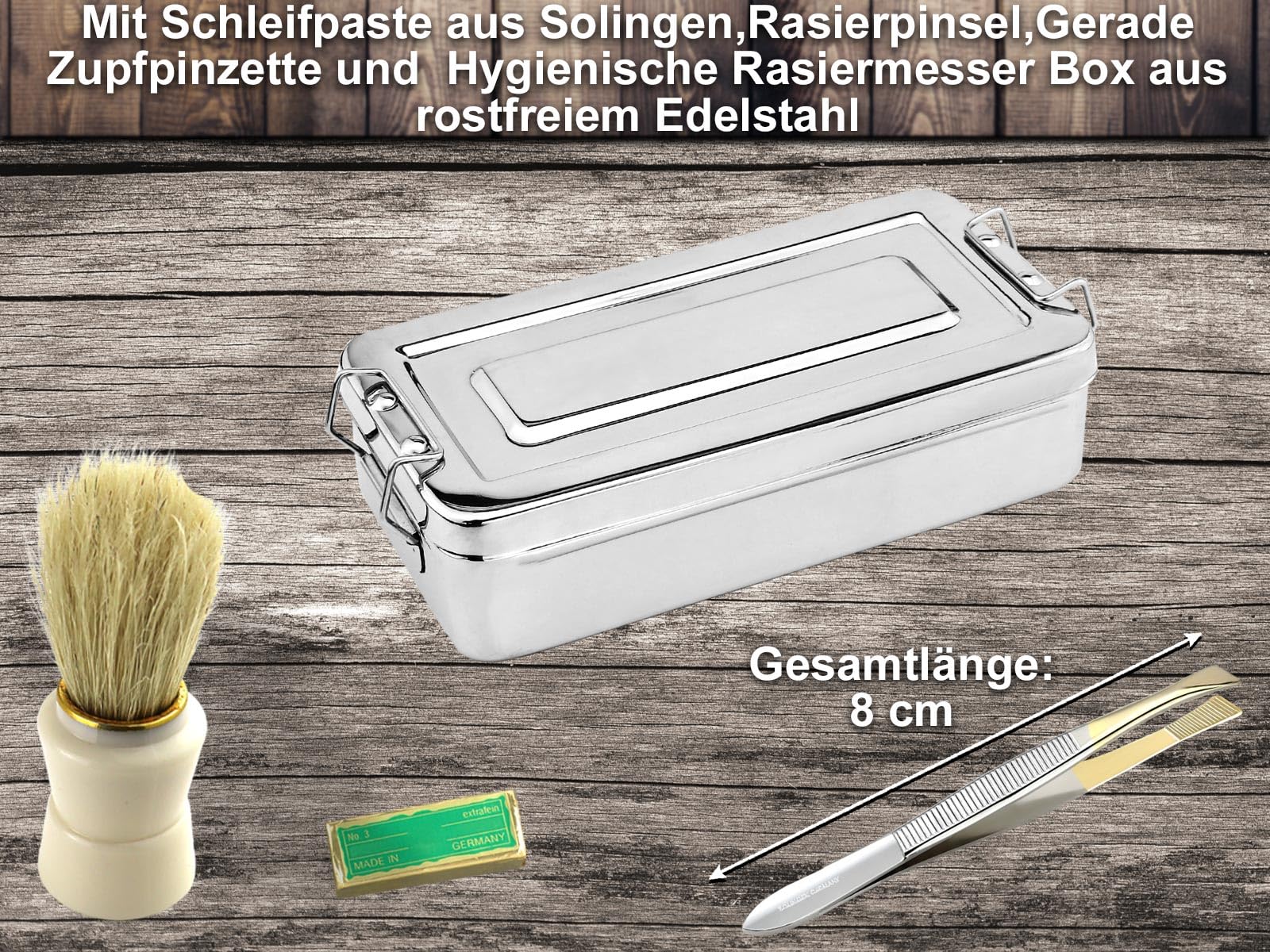 Rasiermesser Set mit Rasier Zubehör inkl. Solingen Paste by Made in Germany | 7-teiliges Nassrasur Bartpflege-Set mit extra breiten Abziehleder, Bartmesser, Pinsel, Bartschere, Zupfpinzette und Rasurbox
