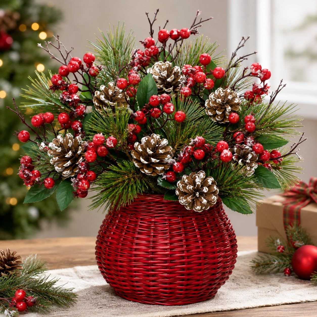 BANBERRY DESIGNS Pine Branches and Red Berry Picks - Set of 10 Stems with White Snow Covered Pine Cones and Berries - Christmas Artificial Floral Sprays Sprigs - Approx.