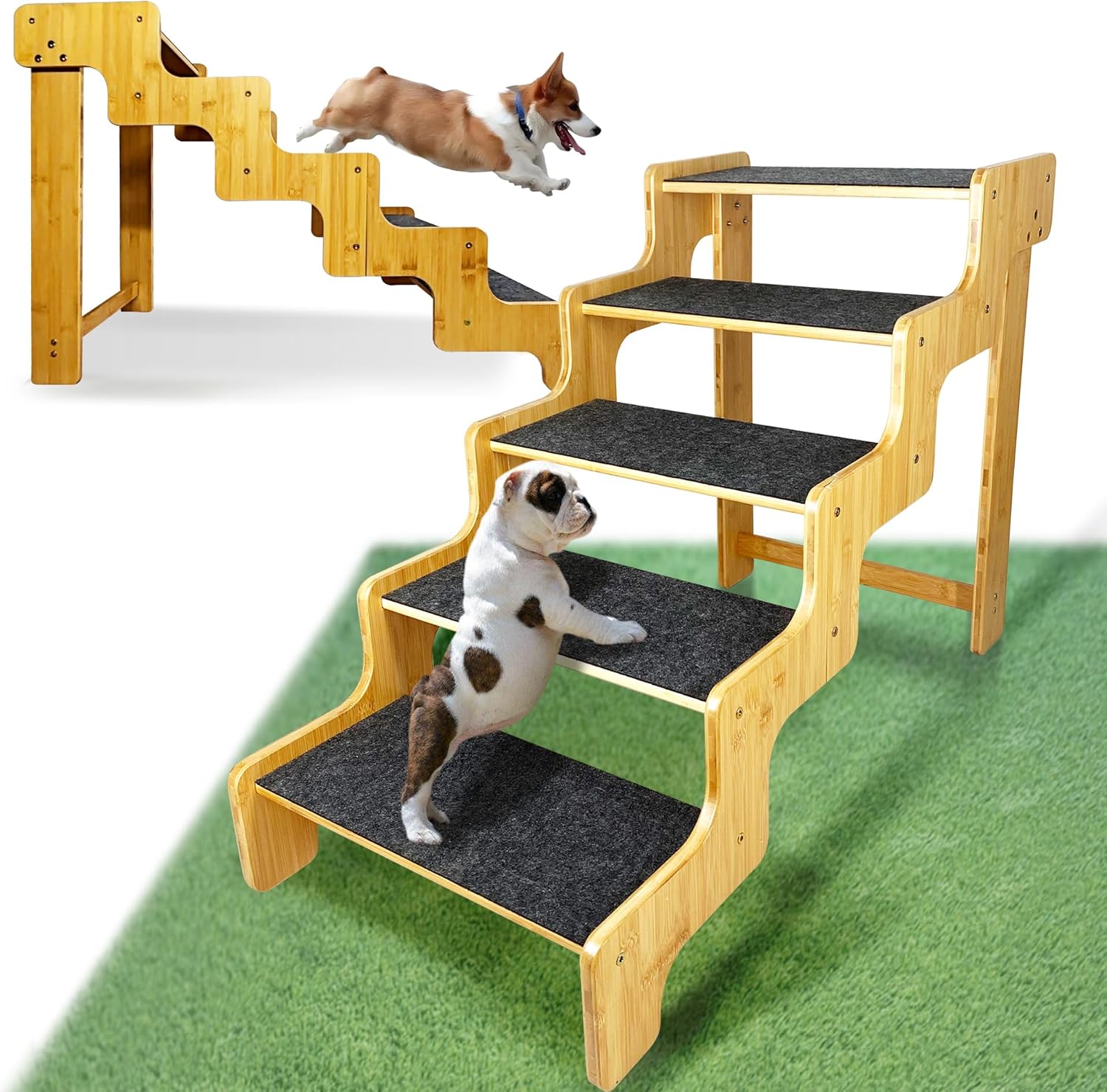 Dog Steps for Bed,5 Step Dog Stairs,24 Inches High Dog Stairs for Small Dogs to Get On 30 Inches High Beds/Car,Made of Bamboo Can Support Large Dogs Weighing Up to 160 LB 5-STEP -24.4 Inch High