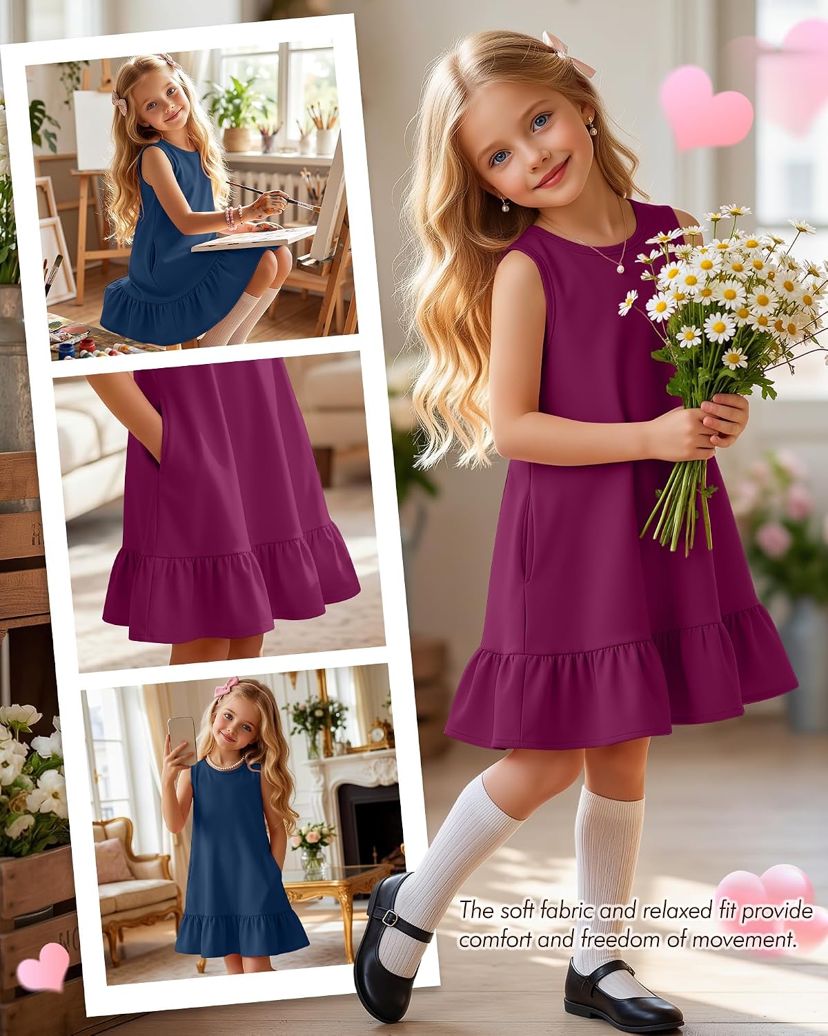 Halfchet 2 Pack Girls Dresses Sleeveless Summer Ruffle Hem Crewneck Sundresses Casual Loose Kids Teen Tank Dress with Pockets