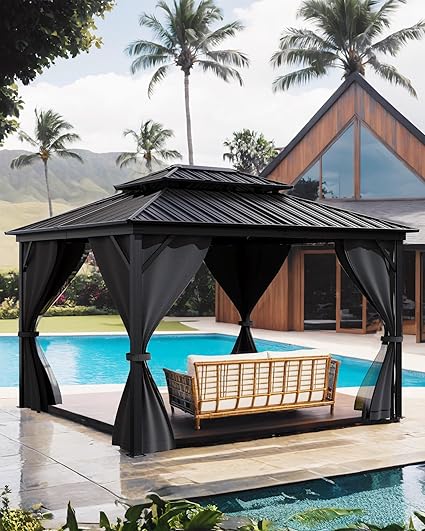 Hardtop Gazebo 10'x12' for All Weather, with Waterproof Double Metal Roof, Aluminum Alloy Frame, Net, and Curtain, Permanent Building for Patio, Deck, Backyard, Lawn, and Garden, Gray