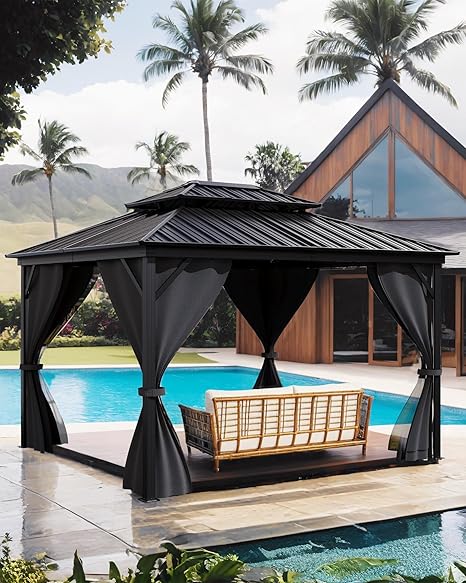 Hardtop Gazebo 10'x12' for All Weather, with Waterproof Double Metal Roof, Aluminum Alloy Frame, Net, and Curtain, Permanent Building for Patio, Deck, Backyard, Lawn, and Garden, Gray