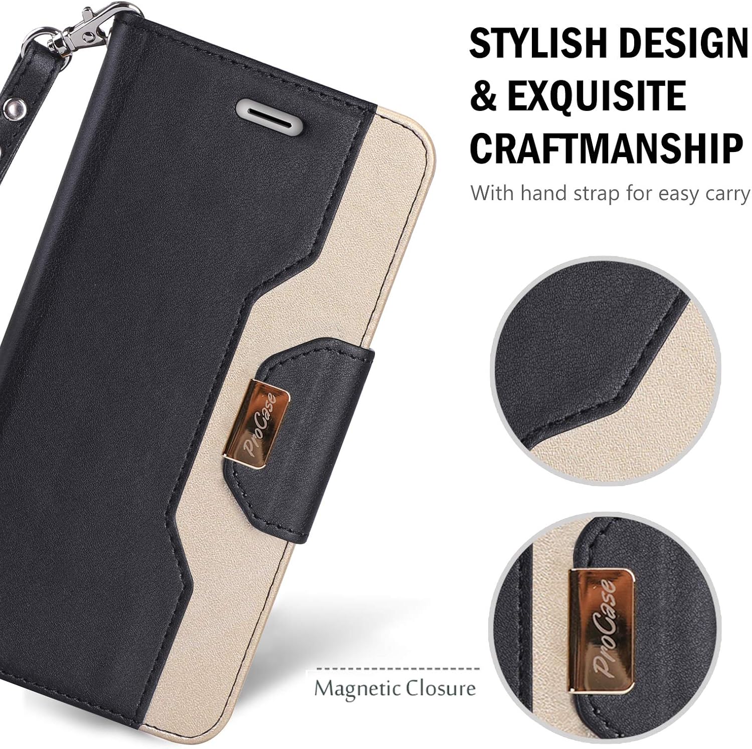 ProCase iPhone SE 2022/2020 iPhone 8/7 Wallet Case for Women, Stylish Folio Flip Card Case Stand Cover with Hand Strap Kickstand and Card Holder for iPhone SE 3/2 iPhone 8/7 -Black