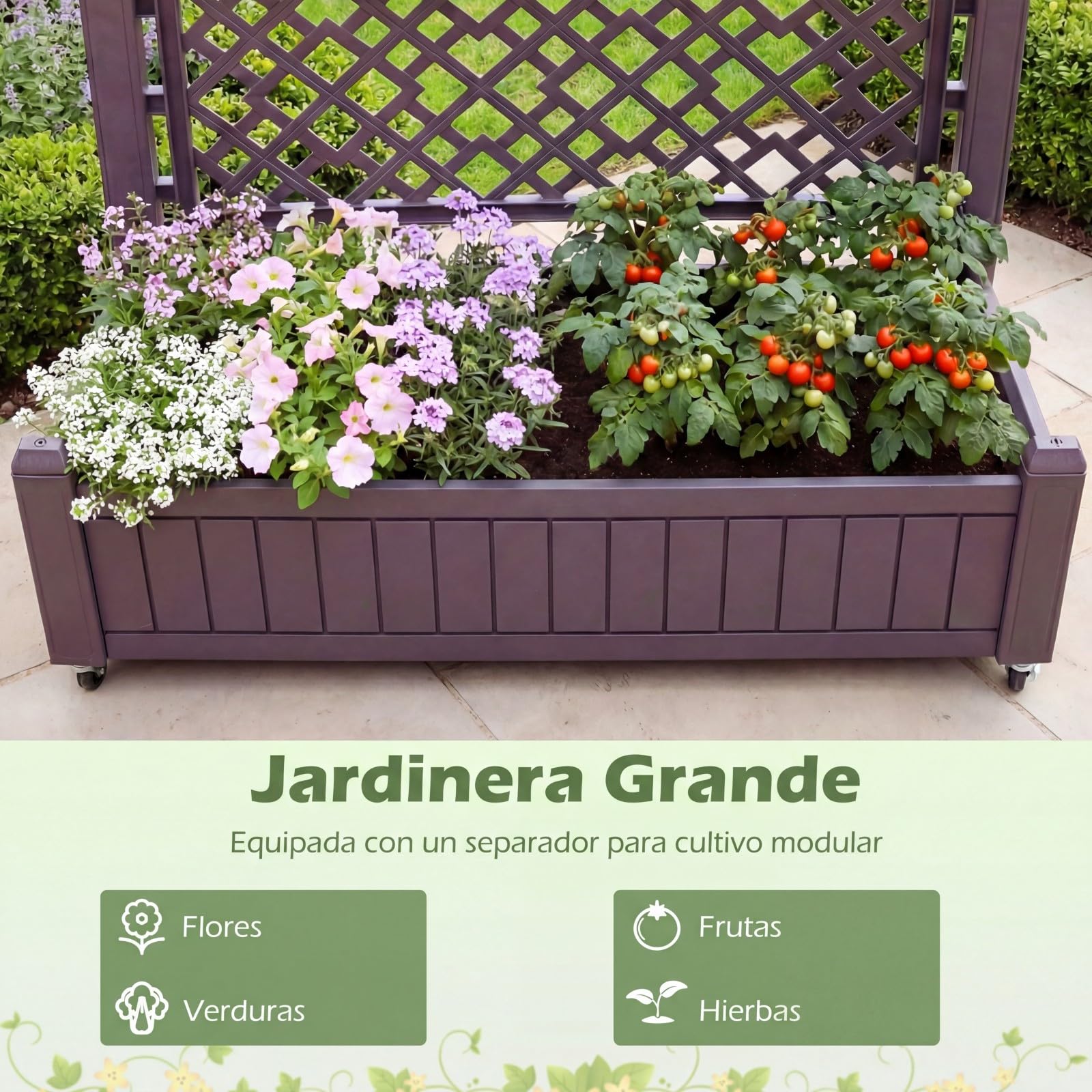 COSTWAY Jardinera Elevada con Enrejado, Cama de Jardín Elevada con Ruedas, Tapón y Medidor para Verduras y Plantas Trepadoras, Macetero Grande de PP para Exterior Jardín y Balcón, 108 x 45 x 155 cm