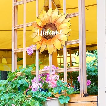 Sunflower Welcome Wood Door Hanger 12 Inch | Large Wooden Flower Sign, Inspirational Wall Porch Art, Summer Fall Front Door Wreath, Indoor Outdoor Home Decor