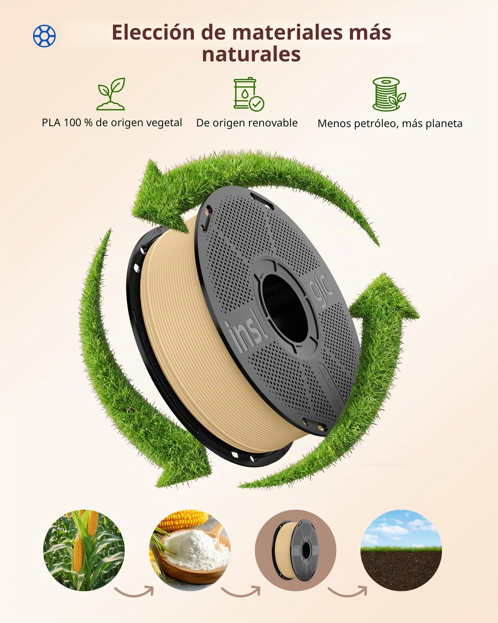 Inslogic Filamento WoodFill PLA 1,75 mm para Impresora 3D, Paquete Multicolor de 4 kg, Textura Real de Madera, compatible con la mayoría de las impresoras FDM 3D (Arce+Madera Natural+Nogal+Cerezo)
