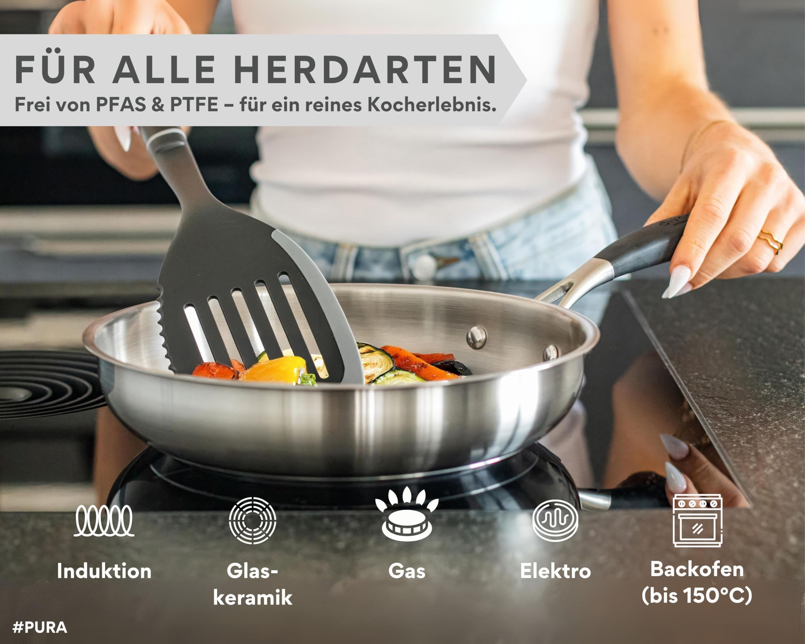 DIVORY Edelstahlpfannen Set 20, 24, 28 cm – Unbeschichtete Pfannen ohne PTFE & PFOA, Bratpfannen Edelstahl für Induktion & alle Herdarten, Pfannenset für Röstaromen – Stainless steel frying pan (PURA)