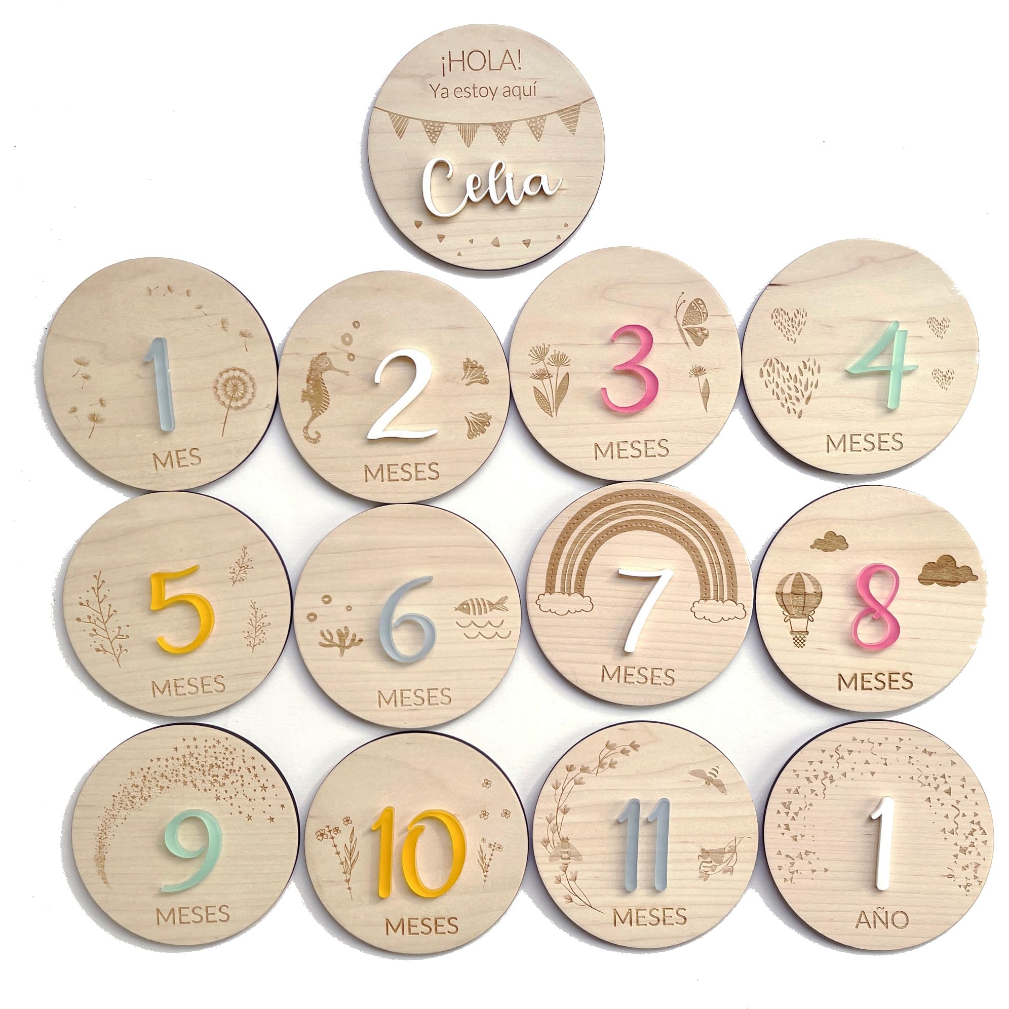 Qukimax® Cumplemes Personalizado de Madera Natural | En castellano, català, valencià, galego, Placas cumple mes, Regalo bebé, Recién nacido