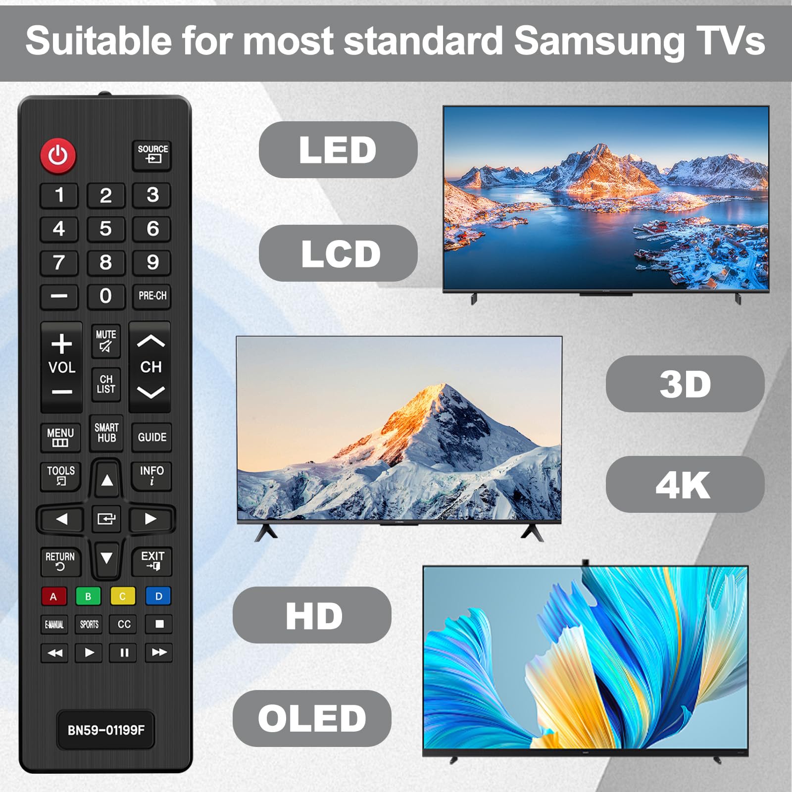 Telecomando Universale per Samsung Smart TV, BN59-01199F Sostitutivo Telecomando, Compatibile Samsung Smart TV LCD LED HDTV 3D 4K, Nessuna Configurazione, Telecomando TV Universale