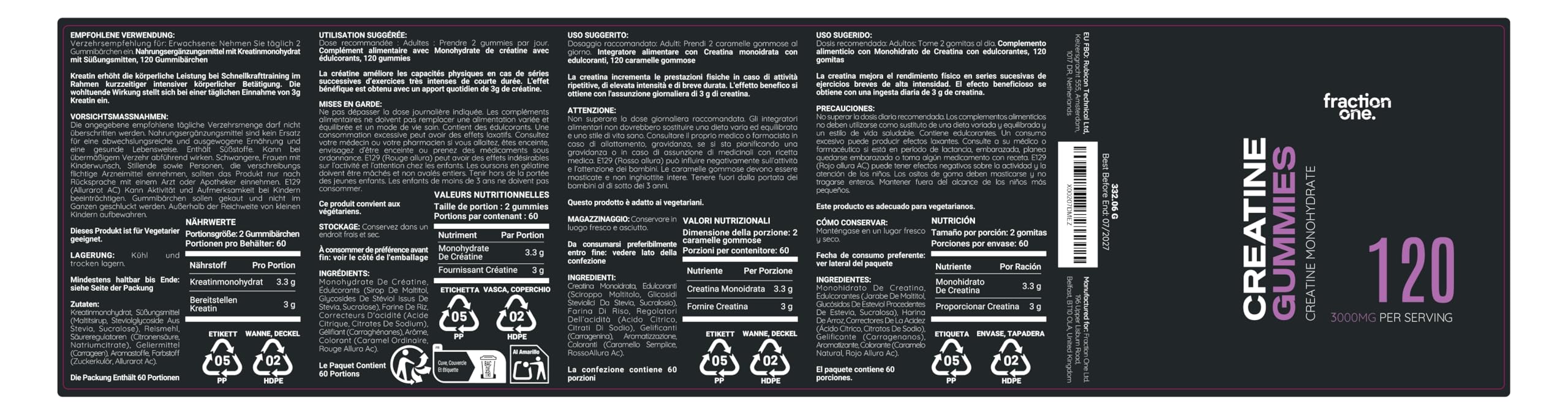 Fraction One Créatine Monohydrate 120 Gummies – Testé en laboratoire par un organisme tiers britannique, 60 jours d'utilisation – 3000 mg par portion, complément pré-entraînement