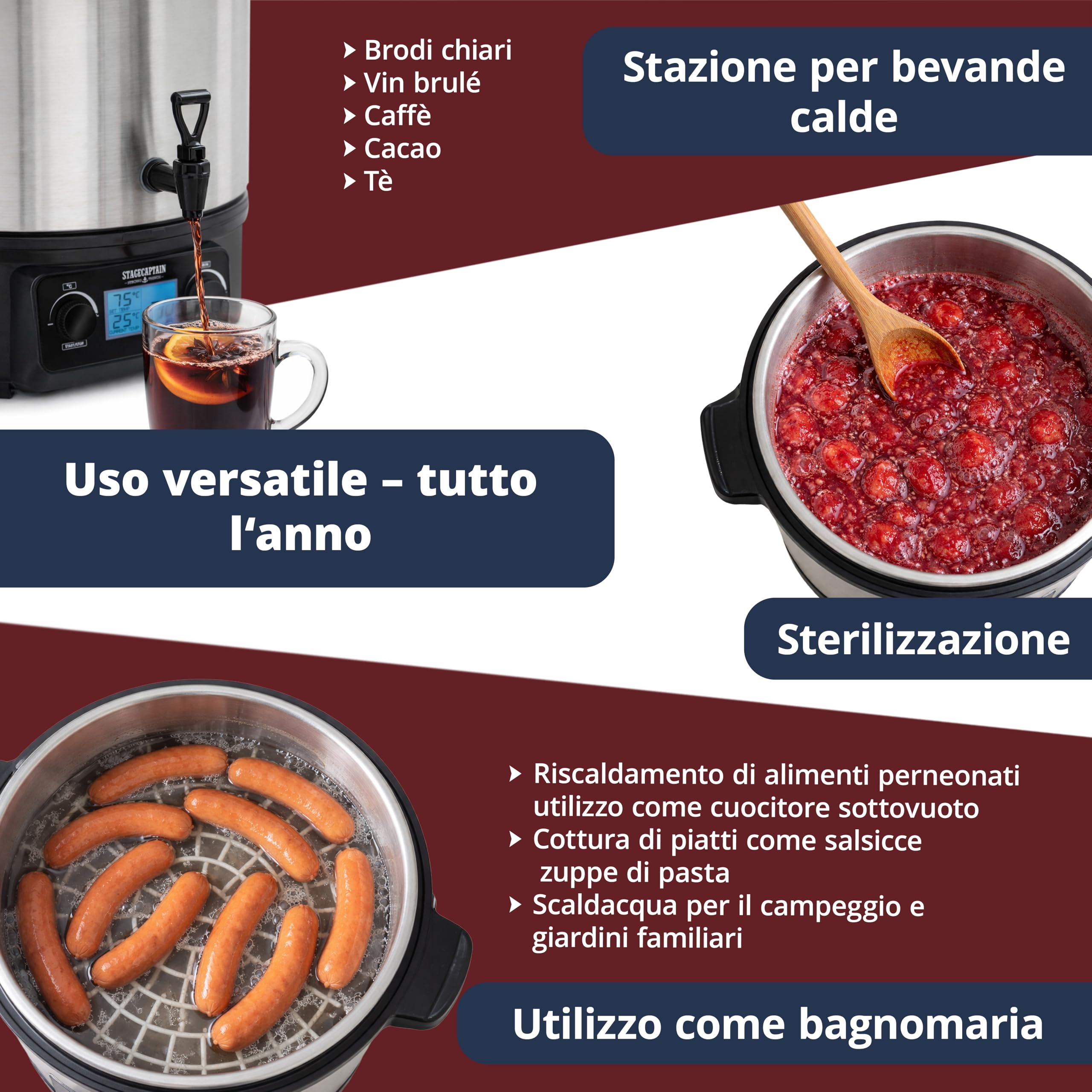 Stagecaptain GWK27D Scaldavino 27 L per vin brulé, bevande calde, marmellate, frutta e zuppe — 2000 W, acciaio inox, regolatore temperatura, timer, spegnimento automatico, display LCD