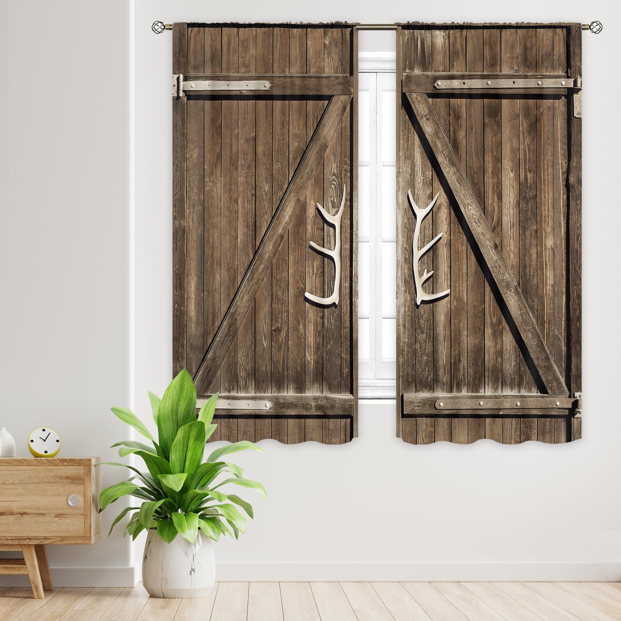 Renaiss Wooden Door Curtains, Rustic Vintage Wooden Barn Door Print Farmhouse Style Window Treatment 84" H X 53" W Set Of 2 Panels Grommet Bedroom Living Room Blackout Window Drapes