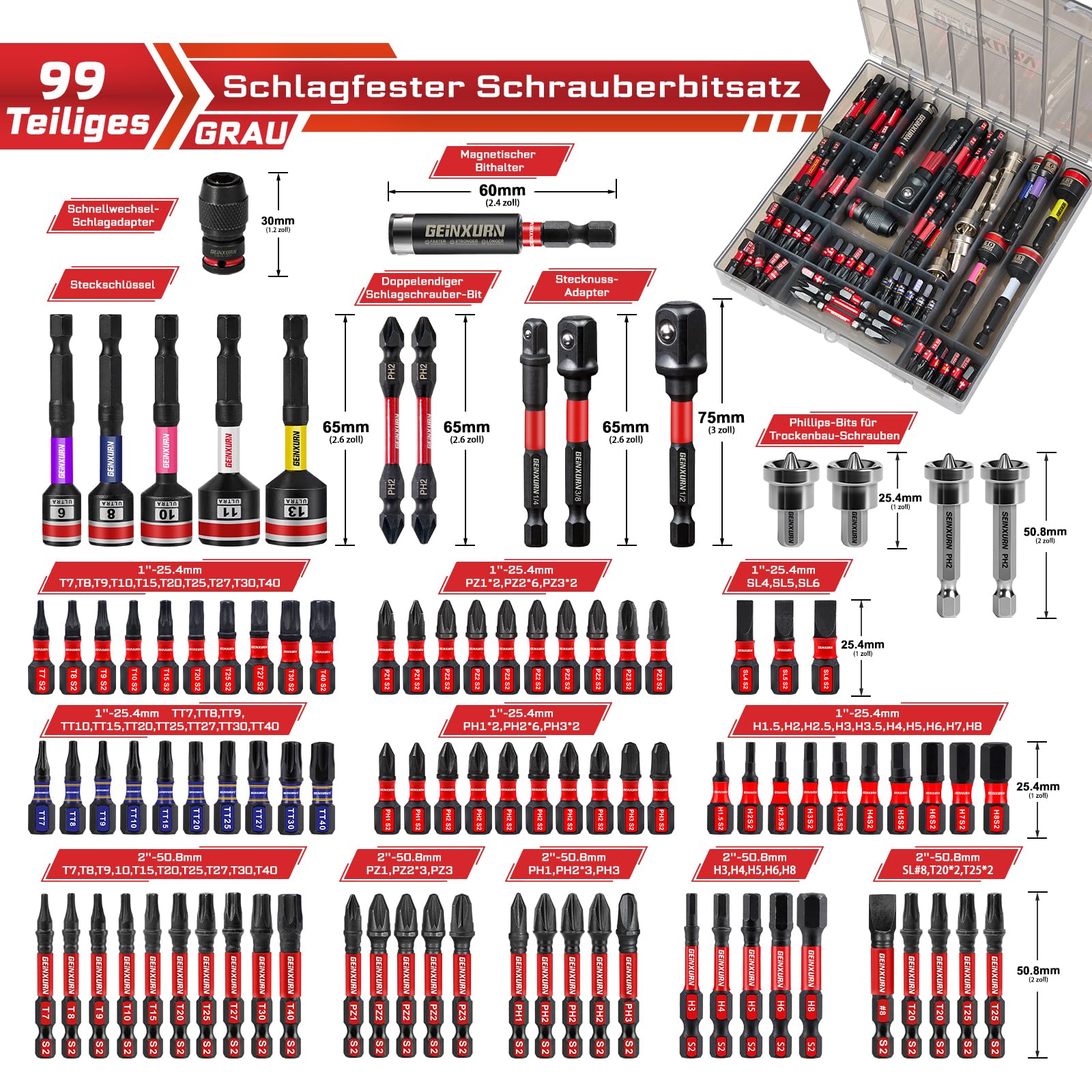 Geinxurn 99tlg. Schrauber Bits Set (Torx, Kreuz, PZ, Hex, SL), S2-Stahl Magnetische Bitsatz, inkl. Bit Halter, Stecknuss Adapter, Steckschlüssel, PH2 Bit mit Tiefenanschlag im Grau Aufbewahrungsbox