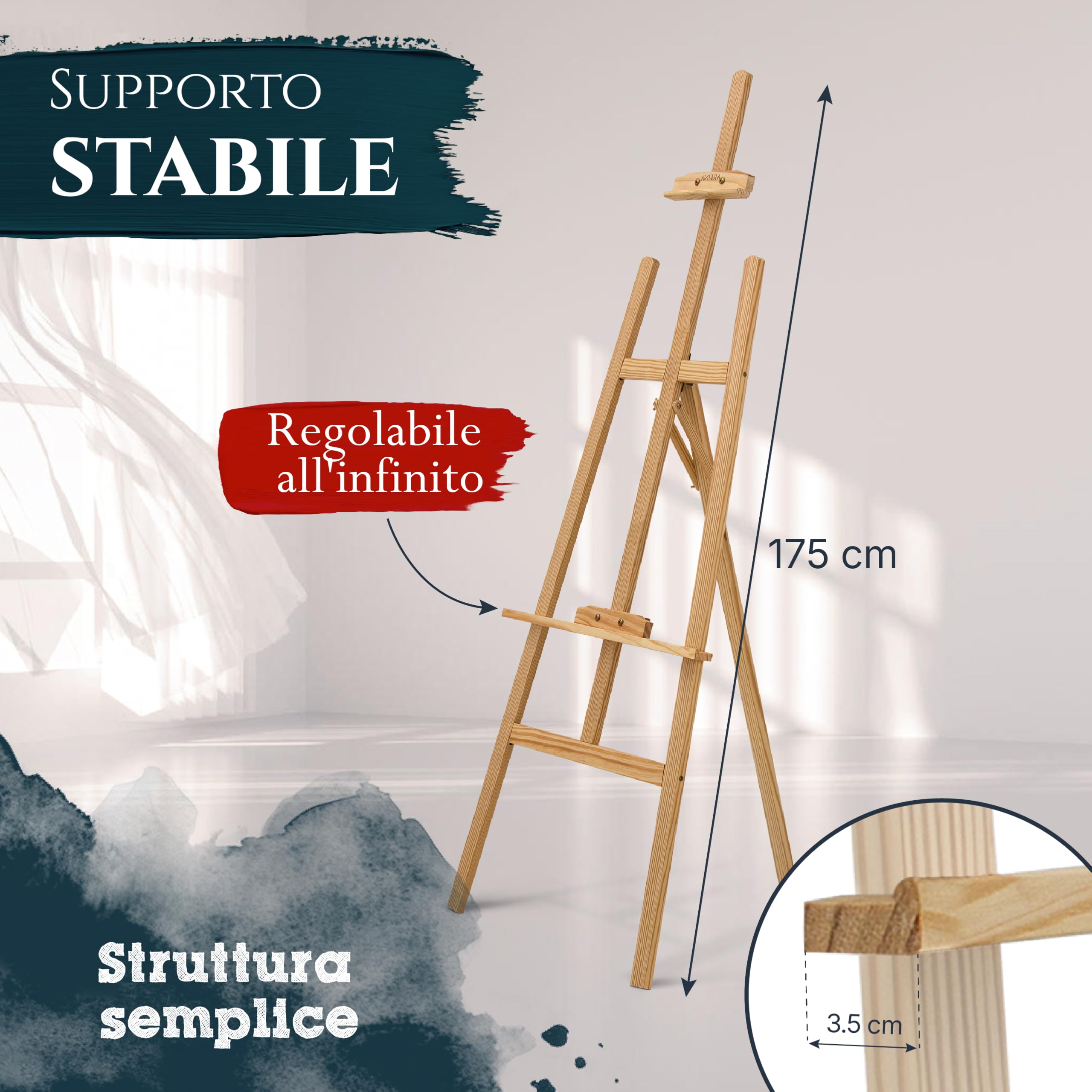 Artina – Kit pittura acrilica 24 pezzi con cavalletto in legno FSC® regolabile 175cm + 5 tele serie Corsica – set artistico per principianti e hobbisti