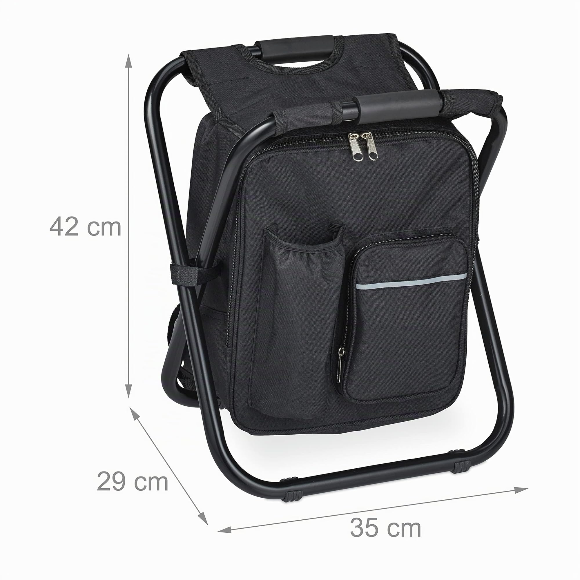 Relaxdays Sgabello Pieghevole Portatile, Zaino Portaoggetti, Sedia da Pesca, Campeggio, Poliestere, 42x35x29 cm, Nero