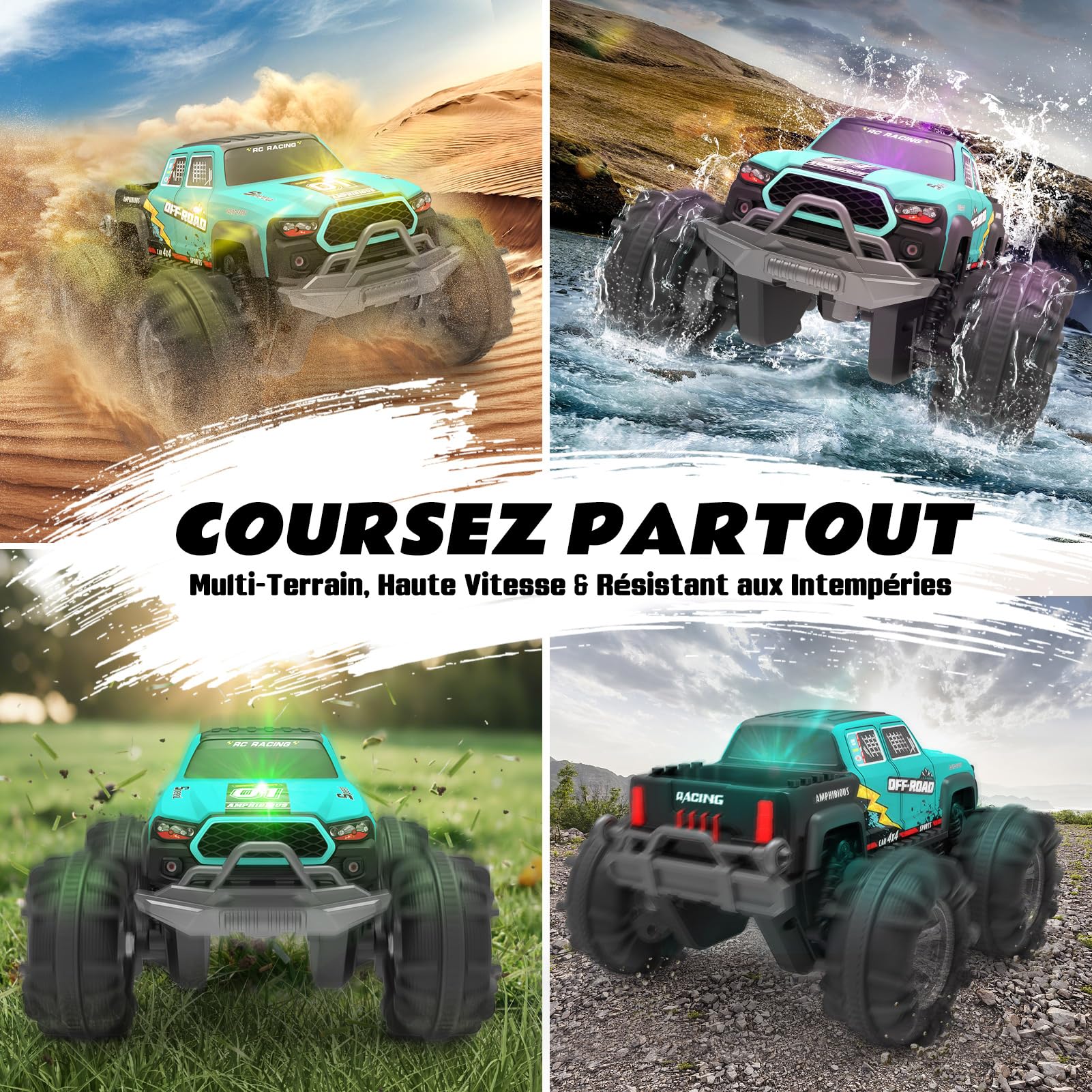 Voiture Télécommandée 4WD Amphibie – Voiture Stunt Tout-Terrain avec Capteur Gestuel, LED, 2 Batteries, Étanche, Jouet Enfant 4-12 Ans pour Sable, Eau, Jardin, Compatible Blocs de Construction