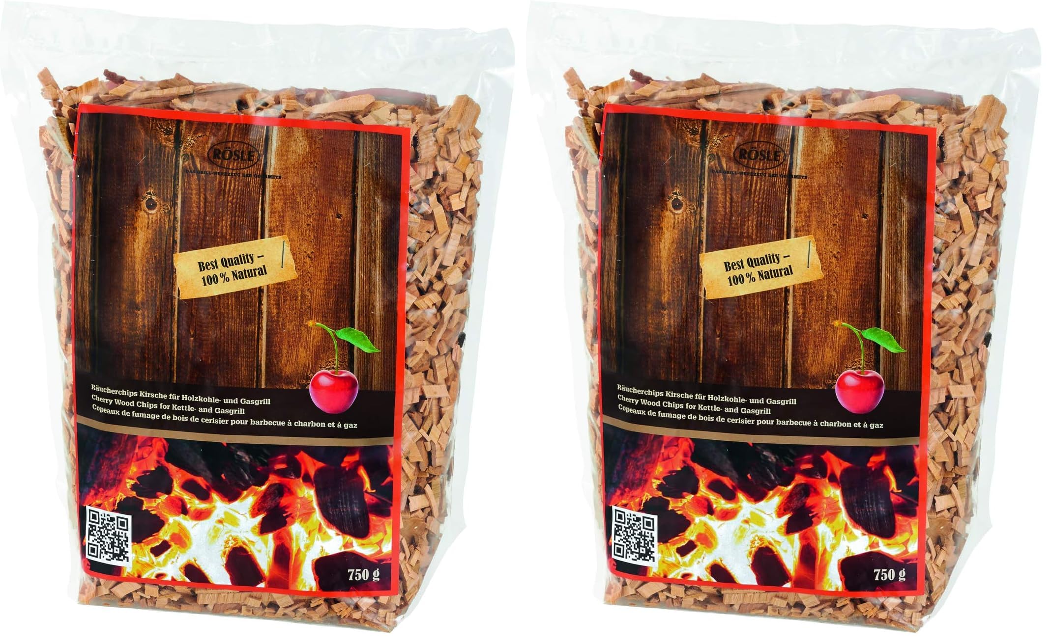 RÖSLE Räucherchips Kirsche, 750 g, für Räucherbox auf Smoker, Holzkohle- und Gasgrills, rauchaktiv, naturbelassenes Holz, Braun (Packung mit 2)