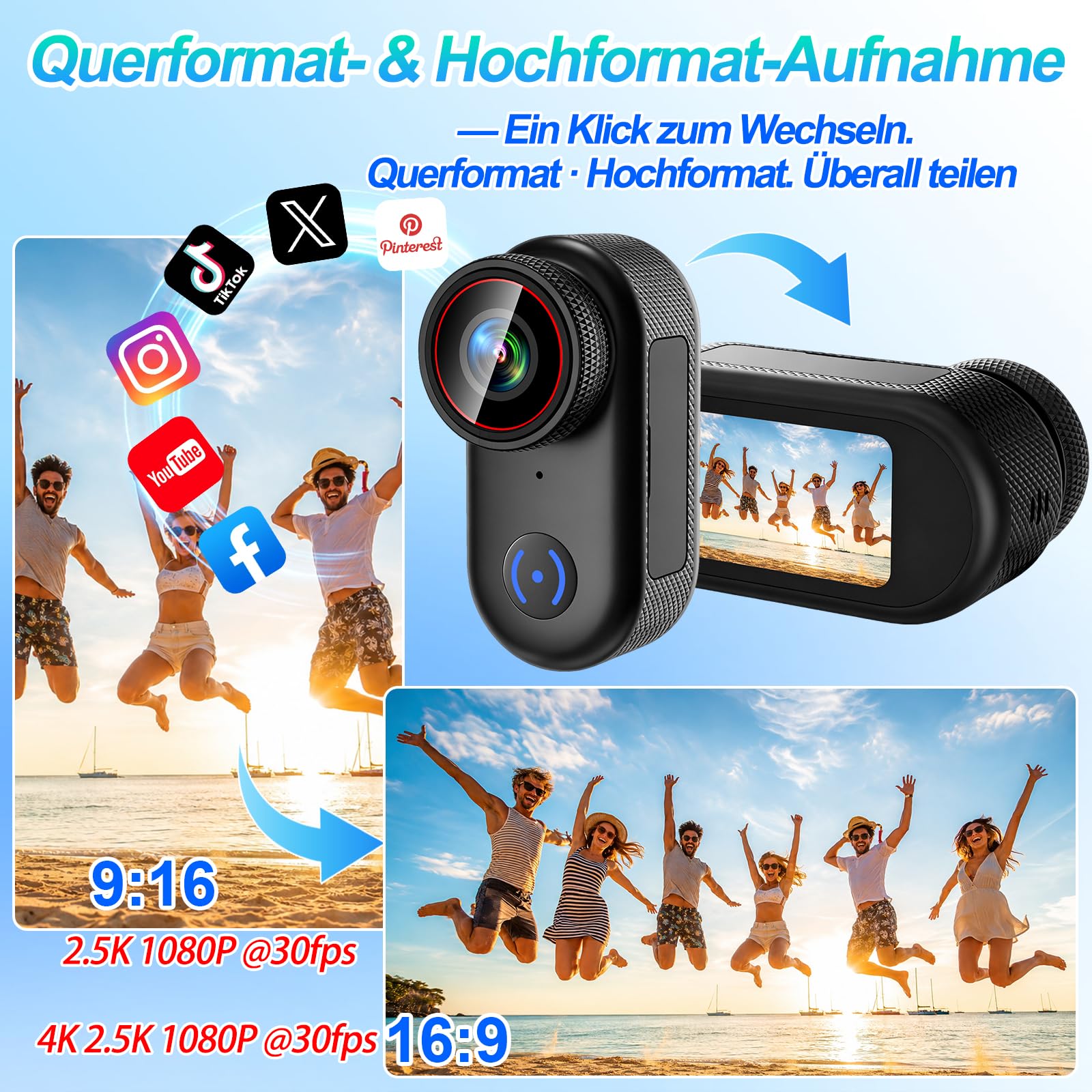 Mini Action Kamera 4K 44g Helmkamera Bodycam Motorrad Outdoor | 1,47 Zoll Display, Vertikalmodus, 140° Weitwinkel, IP65, Nackenband, für Helm Lenker Rucksack