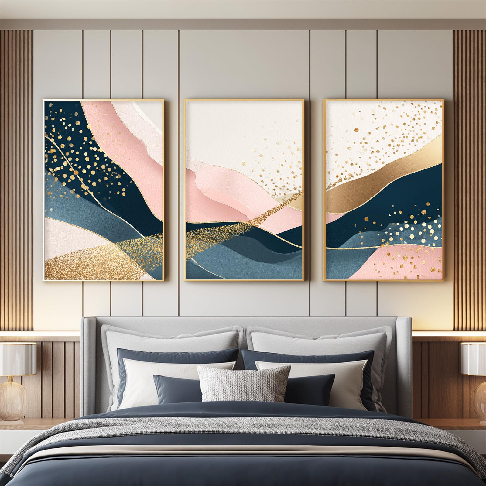 Generisch 3-teiliges Wandbild Leinwand Set 50 x 70 cm, Ohne Rahmen Ästhetische Kunstdrucke Abstrakt Elegant für Wohnzimmer & Schlafzimmer, Minimalistisch Linie Gold Rosa Marineblau