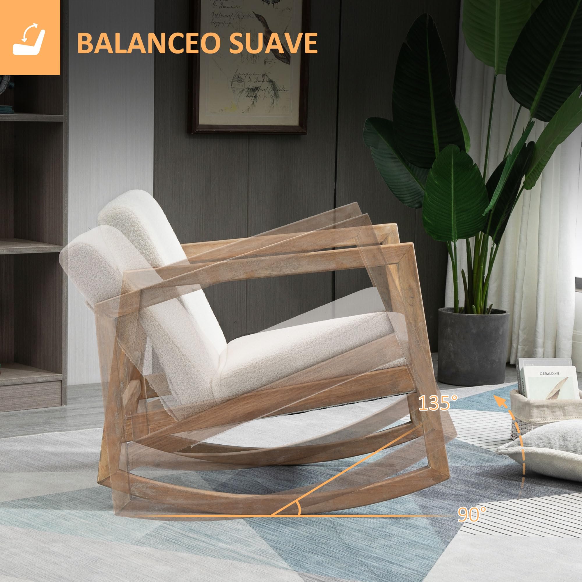 HOMCOM Mecedora Tapizada en Borreguito Silla Mecedora con Patas de Madera de Caucho y Reposabrazos Sillón Relax Carga 150 kg para Dormitorio Salón Crema