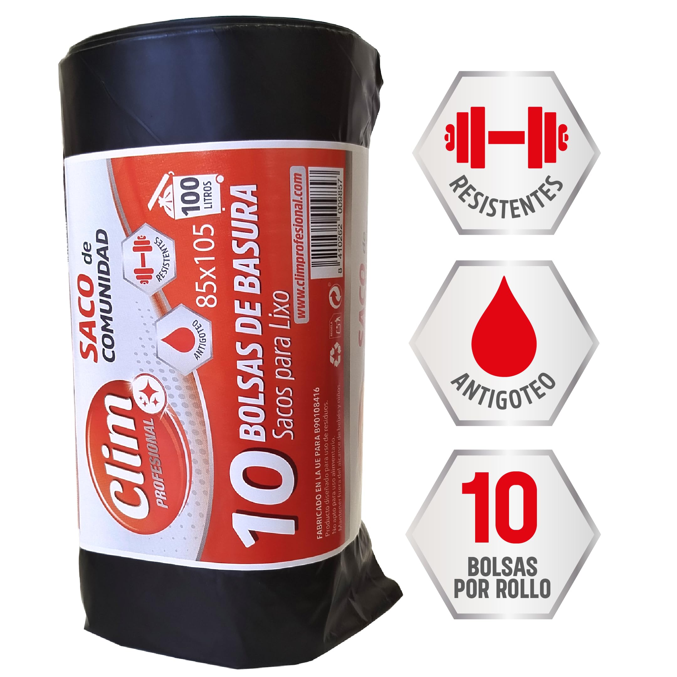 Clim Profesional 40 Bolsas Basura Resistentes 100 Litros. Color Negro. 4 Rollos de 10 bolsas. 40 Sacos de Bolsas de Comunidad 850x1050 mm.