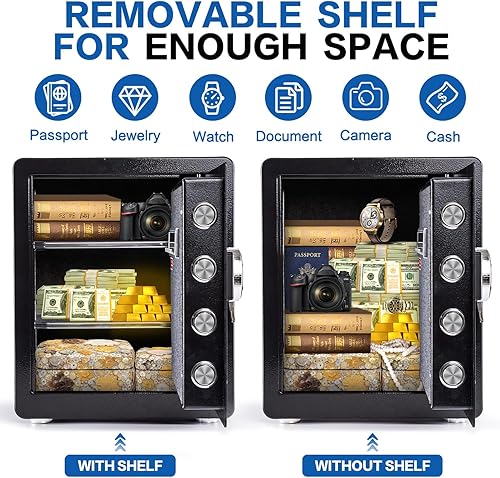 Miniatura 4 de Caja fuerte, caja fuerte de seguridad para el hogar de 1.9 pies cúbicos, con teclado digital electrónico, sistema de alarma doble, luz LED, estante