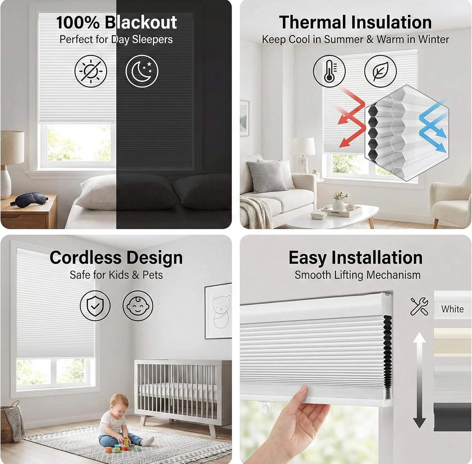 I Inch Cell Shades Cordless Cellular Shades for Windows Blackout Window Shade Honeycomb Blinds for Bedroom, RV, Living Room. White, 94" W x 70" H