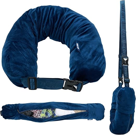 TAKE Off Stuffable Travel Neck Pillow with Secret Storage - Holds 3 Days of Essentials in Compact Design - No Filler, Ultra Soft Adjustable Comfort - Perfect for Long Flights, Road Trips & Commutes