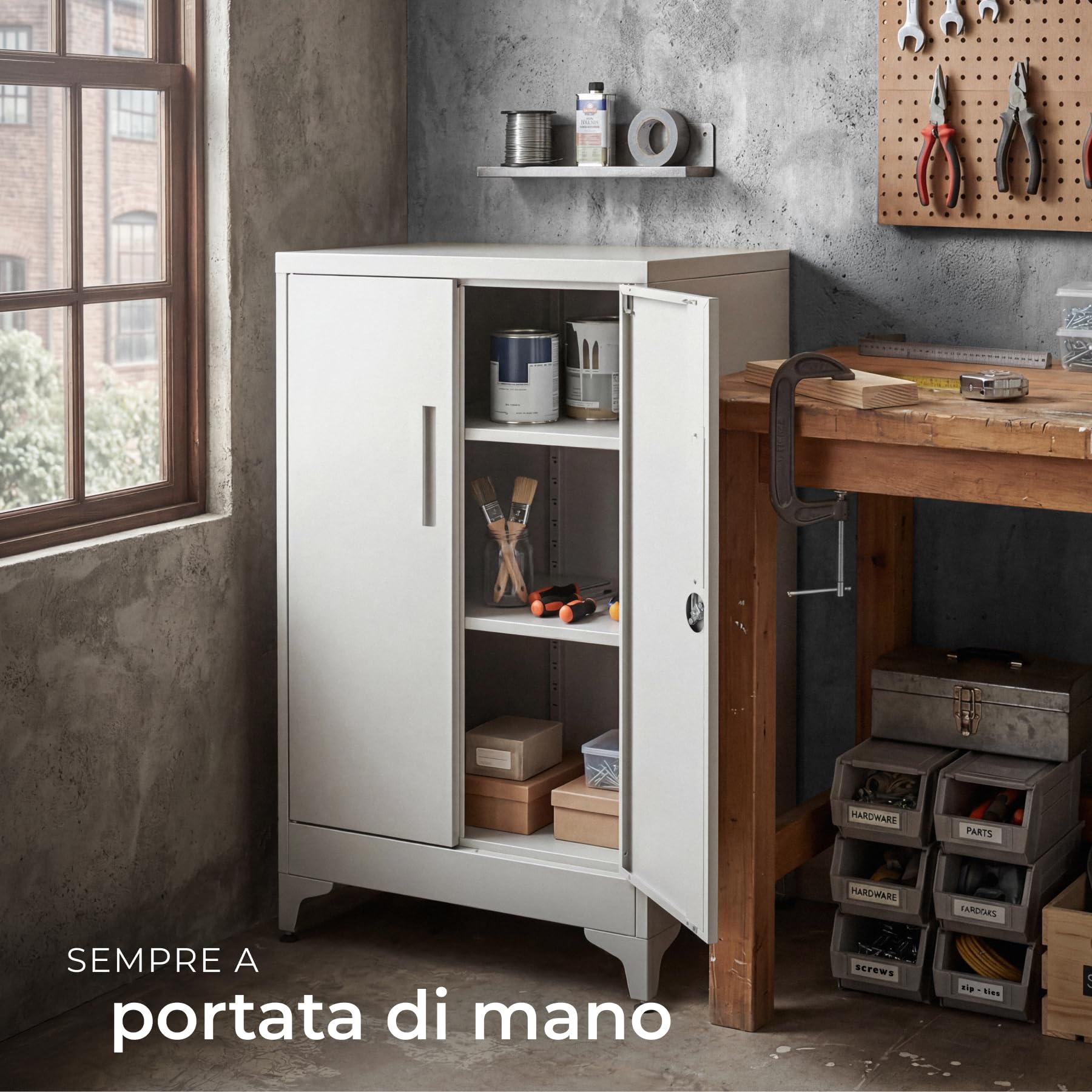 tectake® Armadietto in Metallo Portadocumenti in Acciaio, 60 x 40 x 100 cm, 3 Ripiani Regolabili, Chiusura Magnetica e Chiave, Scaffale Metallo Garage, Mobile Ufficio, Piedini Regolabili - Grigio