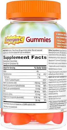 Vista 20 de Emergen-C Gomitas de vitamina C de 750 mg para adultos, gomitas de apoyo inmunológico, sin gluten, sabores de fresa, limón y arándanos, 45