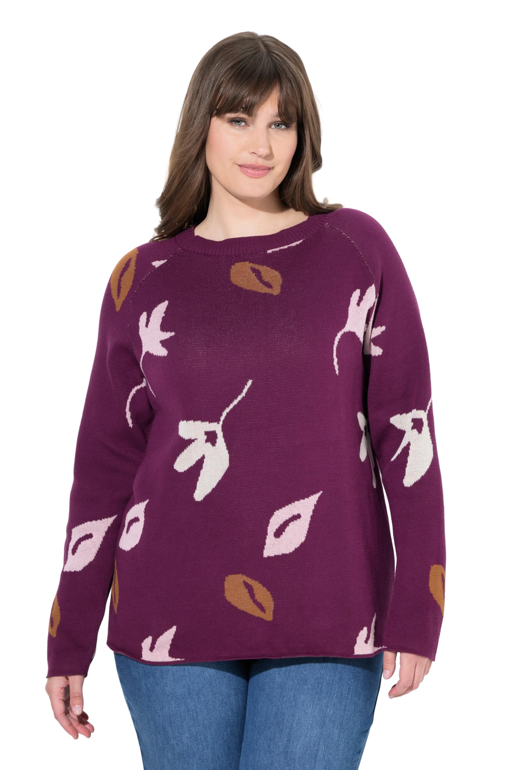 Ulla Popken Damen große Größen Übergrößen Plus Size Pullover, Blätter, U-Boot-Ausschnitt, Langarm, Biobaumwolle 832421