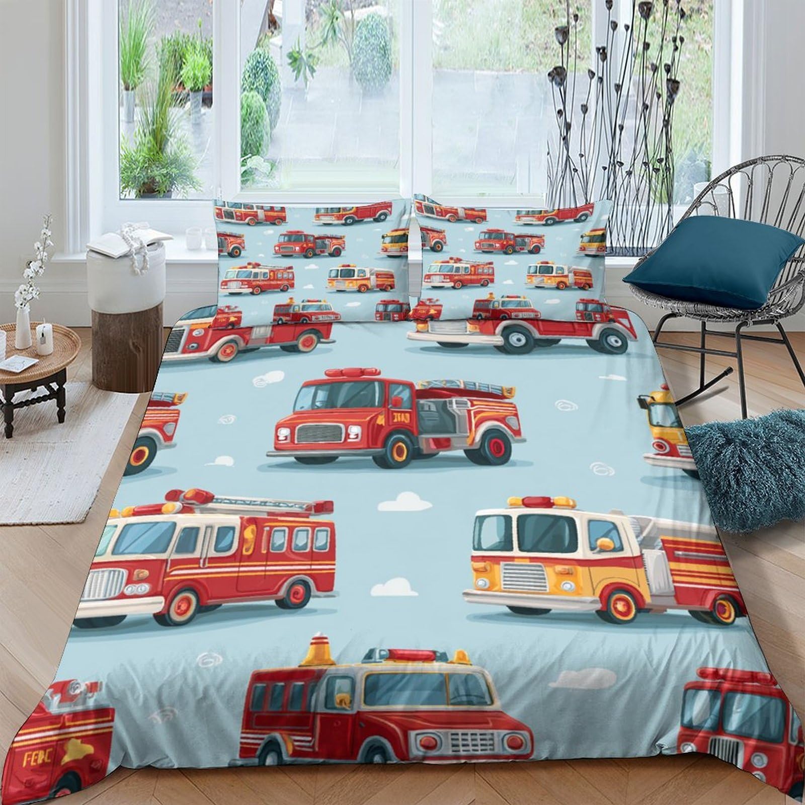 TUFRTGYHN 3D Printed Fire Truck Duvet Cover Set Microfiber Soft Skin-Friendly Red Emergency Vehicle Quilt Cover with 2 Pillowcases for Bedroom Home Decor Single（135x200cm）