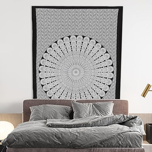 Miniatura 3 de Bless International - Tapiz hippie indio bohemio psicodélico dorado mandala de pavo real azul dorado para colgar en la pared (negro blanco, póster