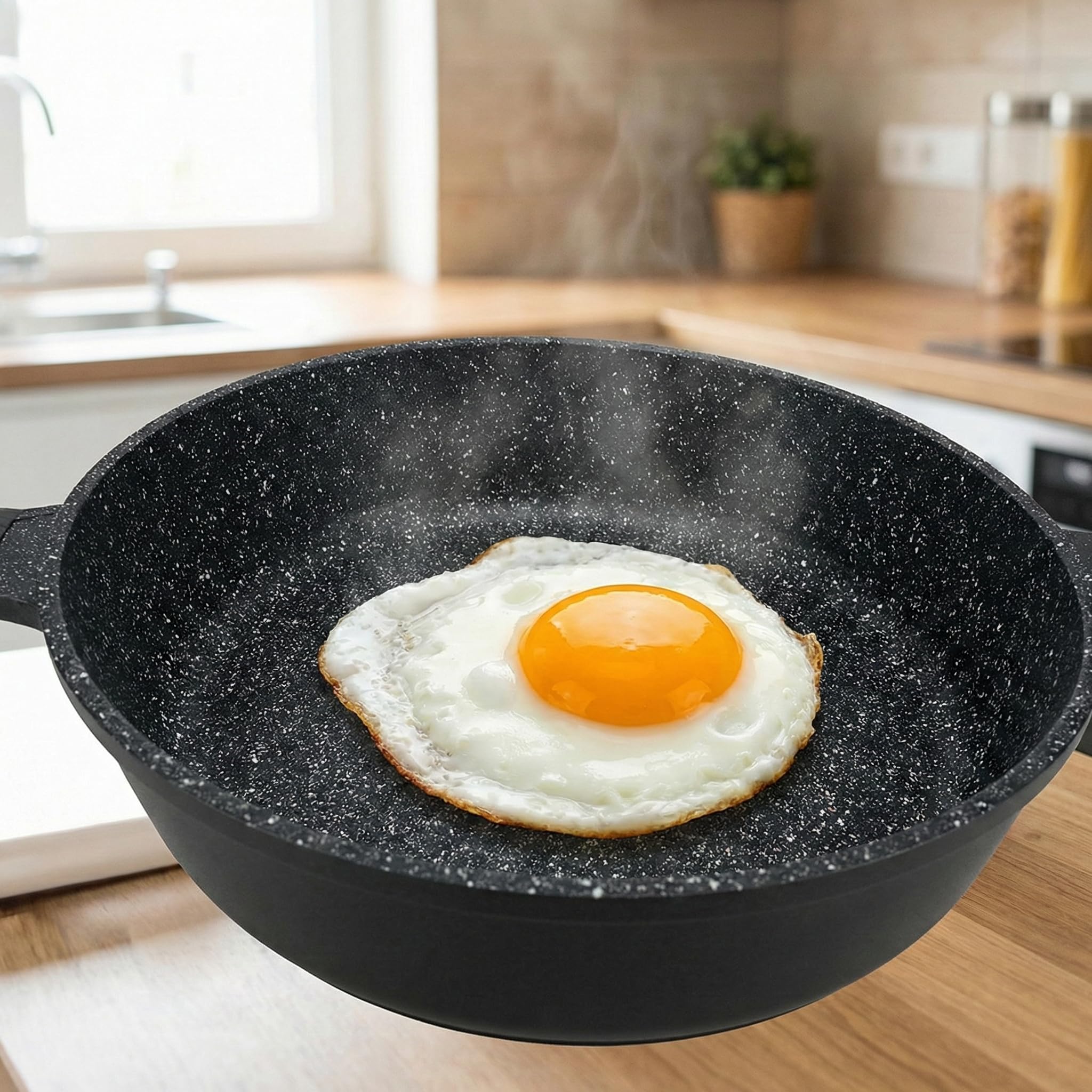 Haussmann Héritage Sauteuse 24cm Fonte d'Aluminium Revêtement Façon Pierre – 3.5L Wok Profond avec Couvercle Verre – Compatible Tous Feux dont Induction – Anti-adhésif & Robuste – HM-2424