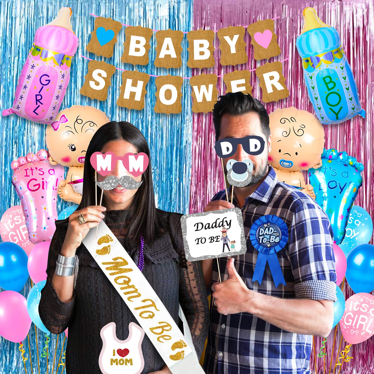 Party Propz Baby Shower Decorations Kit - 92 Pcs Baby Shower Backdrop Decoration Set, Props and Banner, Balloons, Foil Curtains, Mom to be Sash, Dad to be Badge, Godh Bharai Decoration set 4