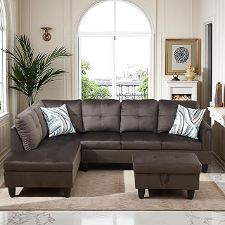 L Shaped Couch Sectional Couches with Chaise and Storage Ottoman, 3 Pieces Modular Convertible Sofa for Living Room Furniture Sets and Small Apartment, Dark Brown