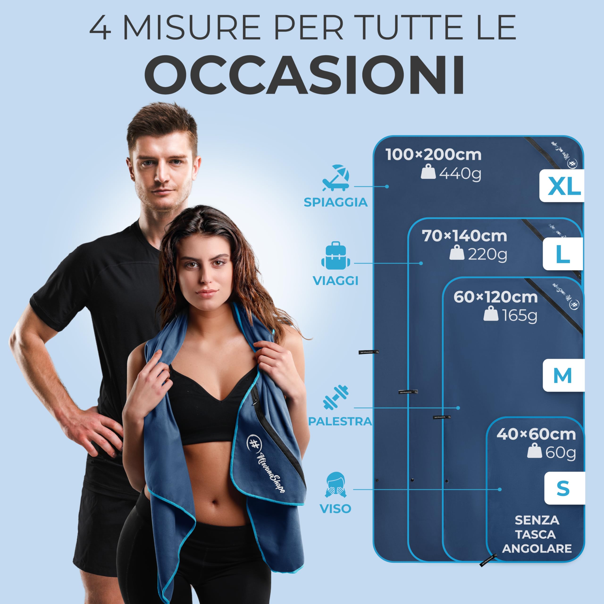 NirvanaShape Asciugamani in microfibra | assorbenti, leggeri, asciugano in fretta | Asciugamani da bagno, asciugamani da viaggio, spiaggia, asciugamani sportivi | Ideali per fitness, yoga, sauna