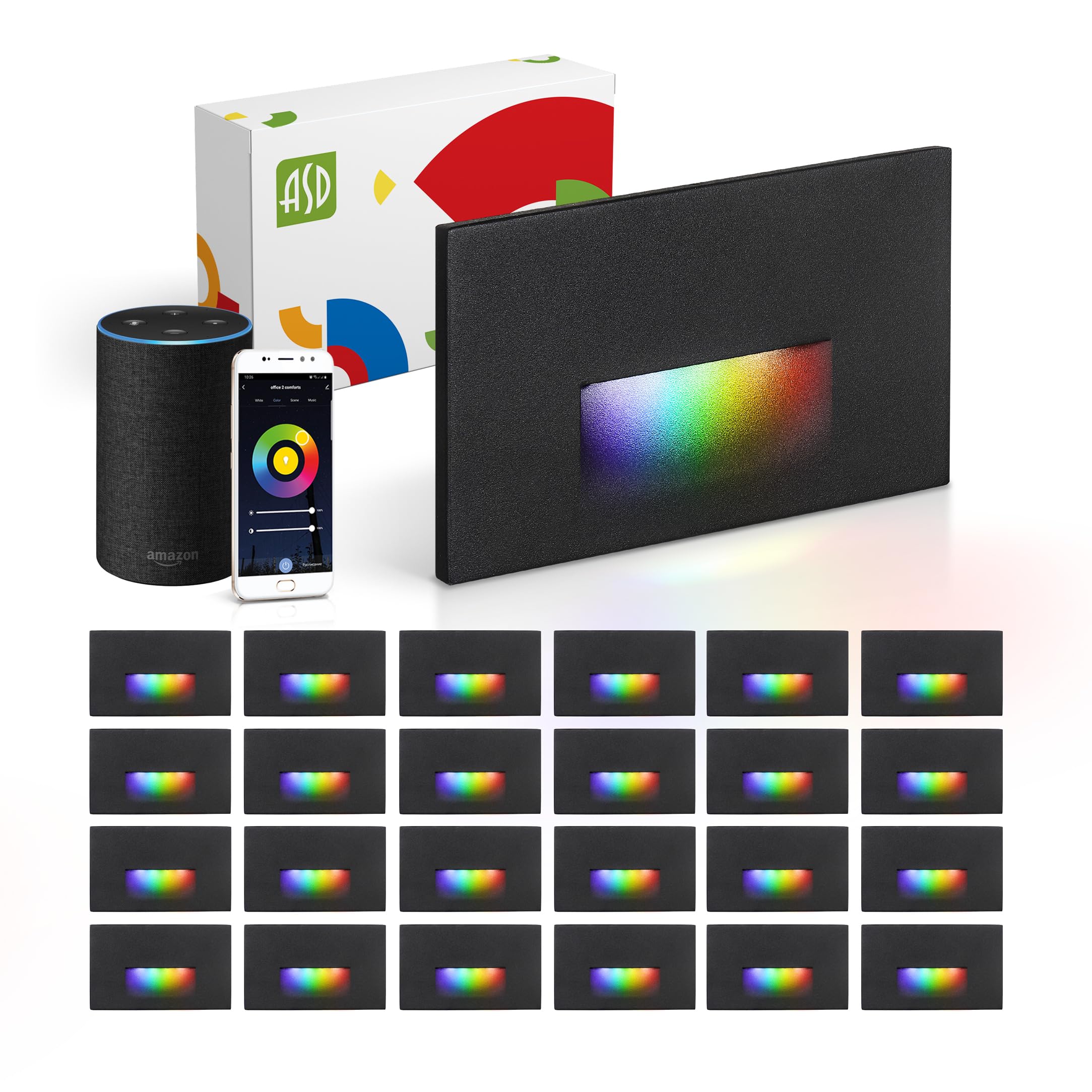 ASD LED Recessed Step Light Fixture | 3W 60LM RGB-2700K-6500K 120V | Smart, Multicolor, Waterproof, ETL Listed | Outdoor-Indoor Stair Lamp, Deck Tread Lighting, Staircase Spotlight | Black, 24 Pack