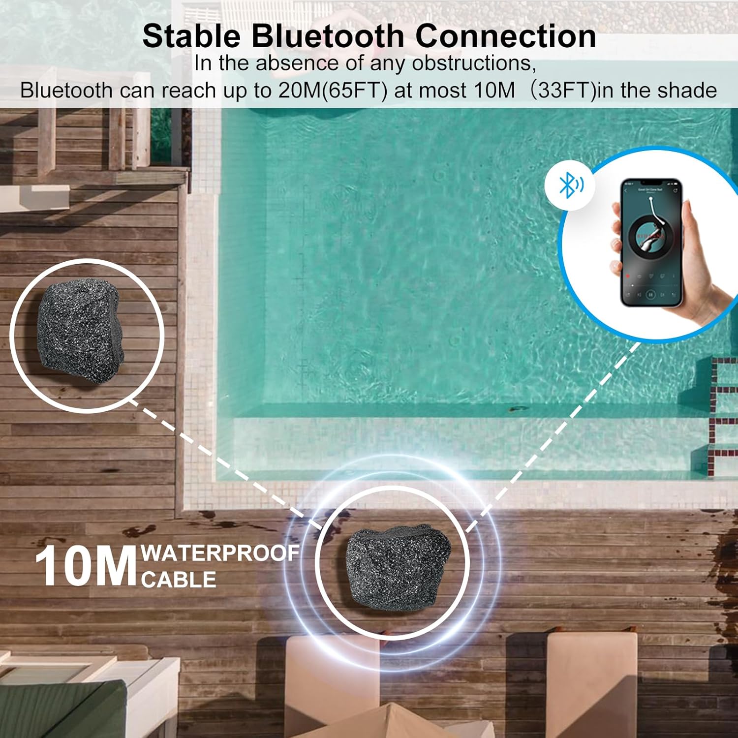 BLACK Herdio Outdoor Rock Bluetooth Speakers Wired IPX7 Waterproof 200 Watt Resin Material All Weather for Deck Pool Backyard Patio Garden BBQ (1 Pair Black)