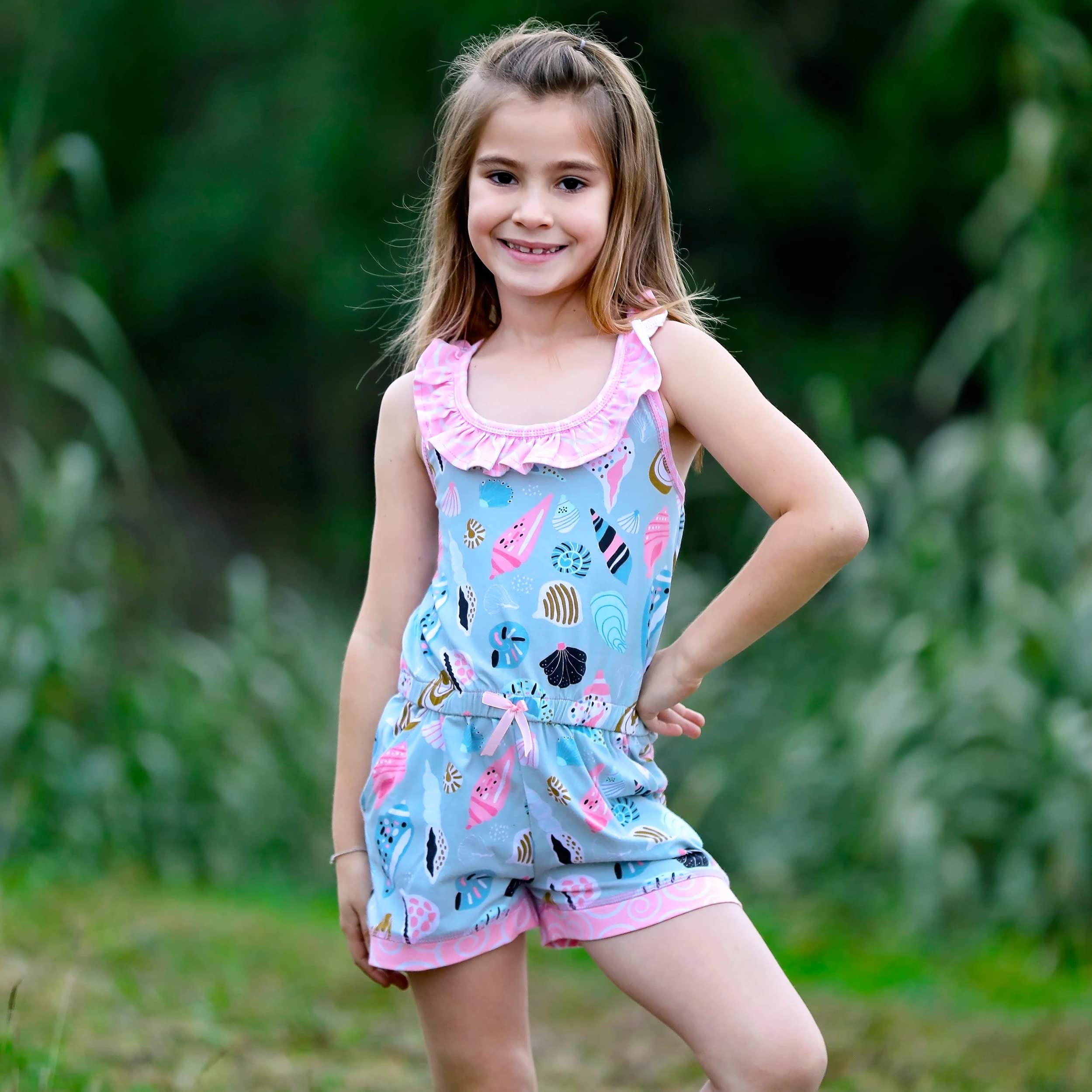 AnnLoren Girls Boutique Shells by the Seashore Jumpsuit Frühjahr/Sommer, Rosa, Grau, Weiß, 9-10
