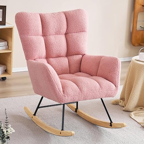 Furnimart Mecedora rosa para guardería, cómoda mecedora tapizada con respaldo alto y reposabrazos, bonita silla de lectura para dormitorio, silla
