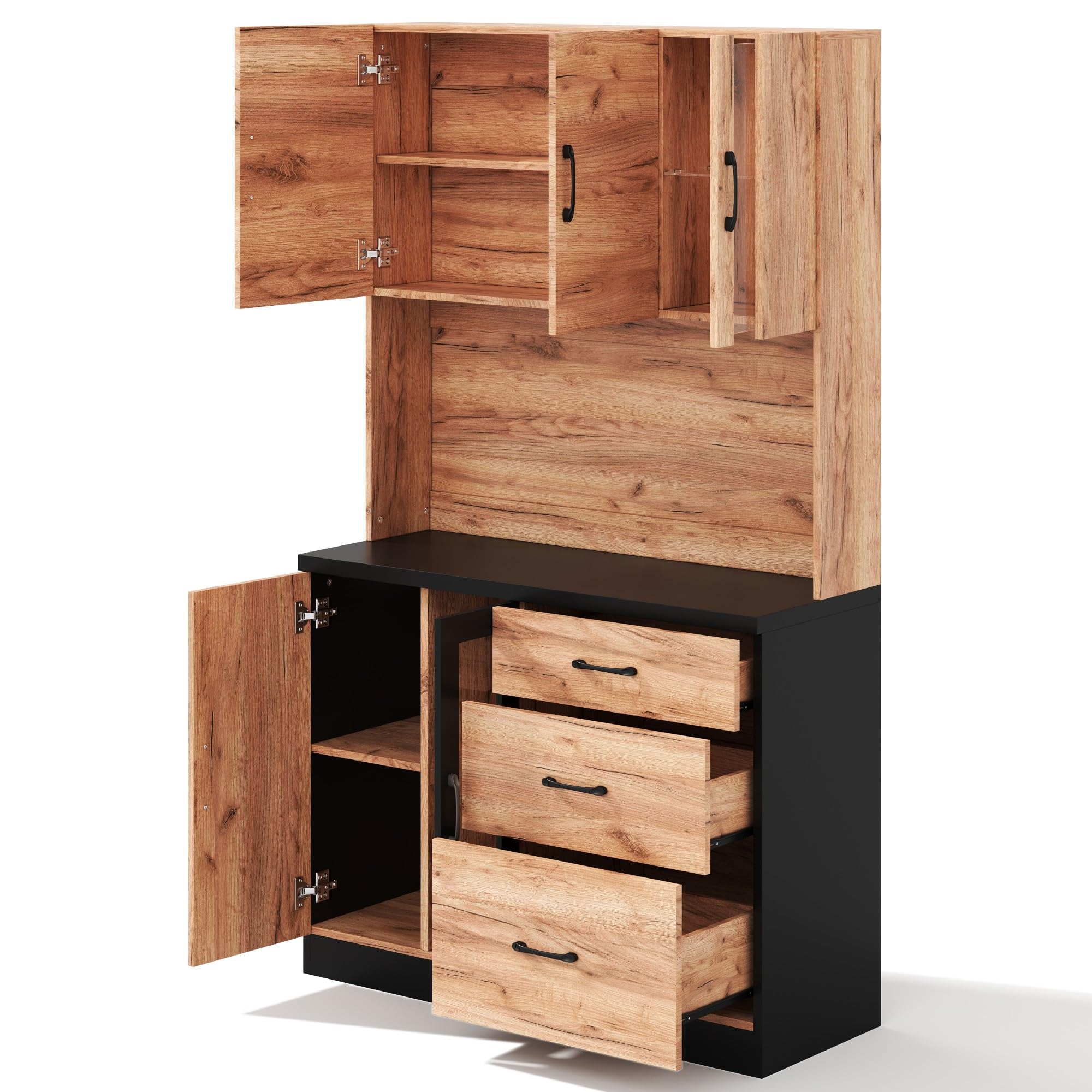 105 x 40 x 180 cm, moderno mobile da cucina, nero e effetto legno con illuminazione a LED, ripiani regolabili e presa in stile euro, adatto per cucine, sala da pranzo, soggiorno, ecc.