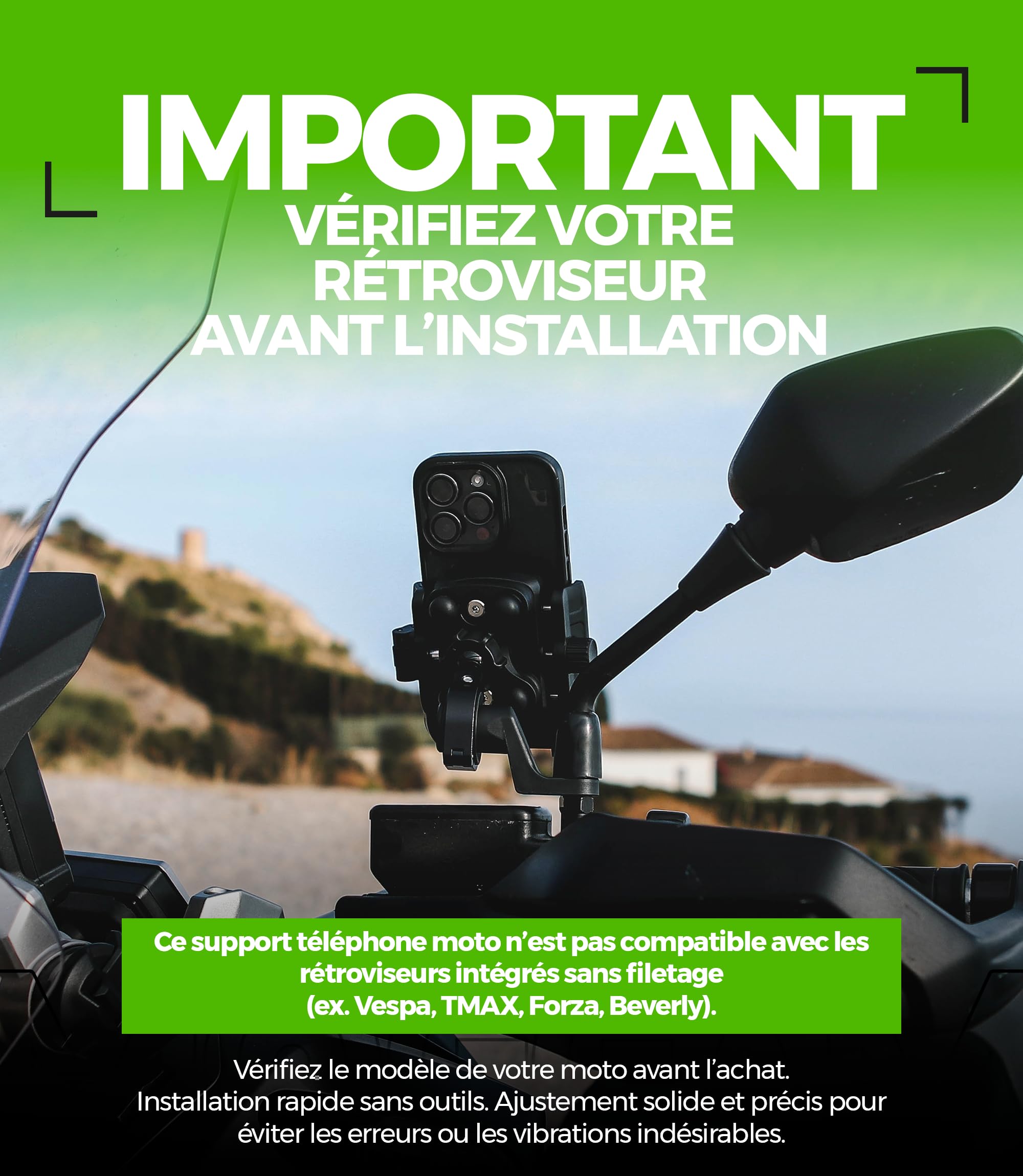 Support Telephone Moto Antivibration Aluminium CNC Double Fixation Guidon 22-32mm Rétroviseur 12–14 mm Libération Rapide Design Ouvert Compatible Scooter Vélo Trottinette Électrique Rotation 360°