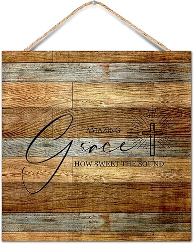 Letrero de madera de 16 x 16 pulgadas, con cita motivacional, frase cristiana con texto en inglés "Amazing Grace How Sweet the Sound", con citas