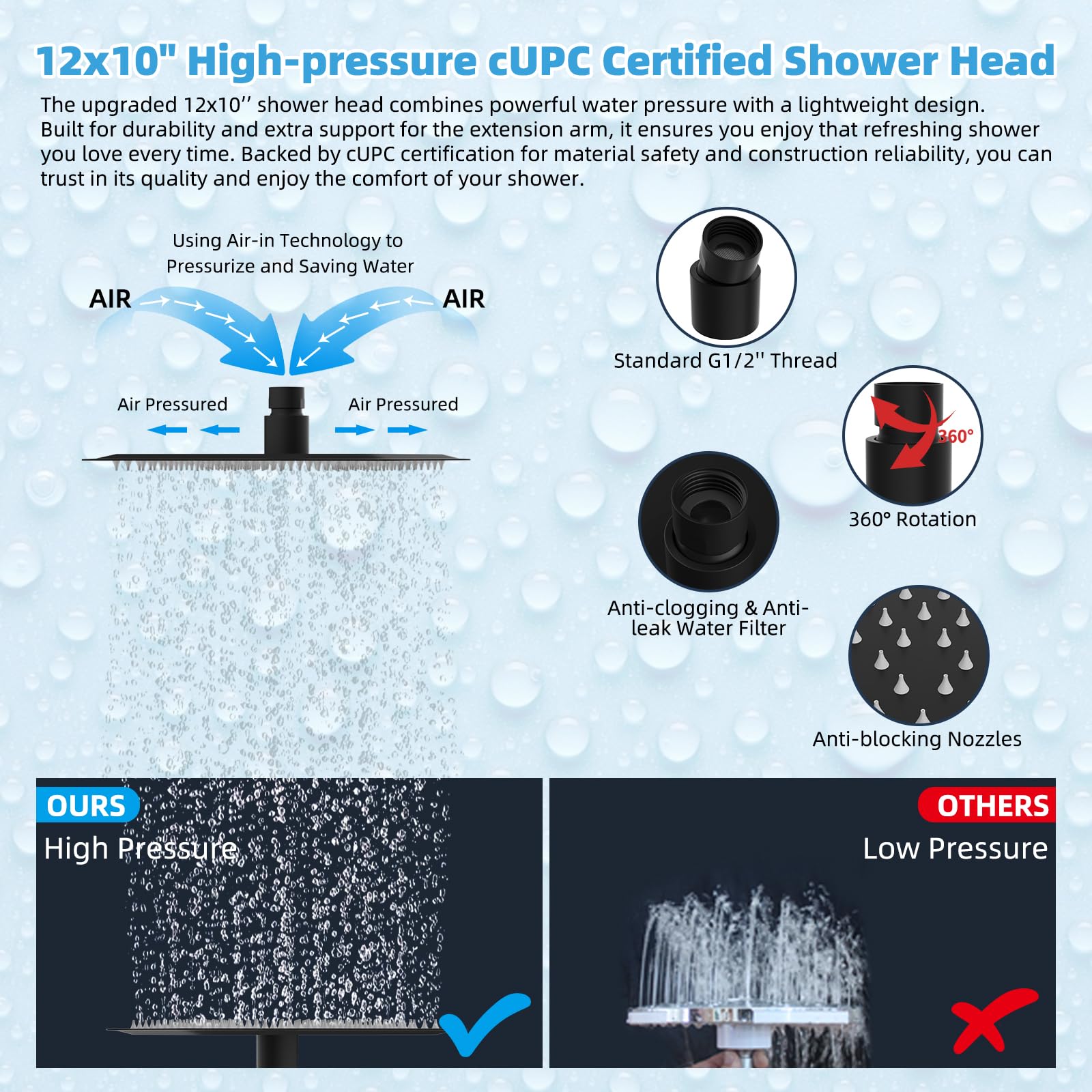 Hibbent Cabezal de ducha de lluvia de metal de 12 pulgadas, combo de cabezal de ducha cuadrado, varita de ducha de mano de alta presión, brazo de extensión de ducha ajustable en forma de arco de 16