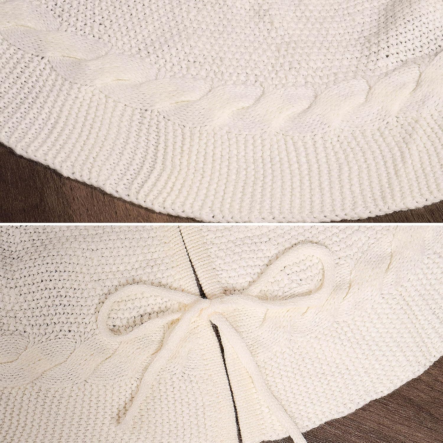 24 Inch White Christmas Tree Skirt, Small Cable Knit Thick Rug, Rustic Xmas Decorations, Farmhouse Tabletop Ornaments, Pencil Tree Boho Vintage Decor