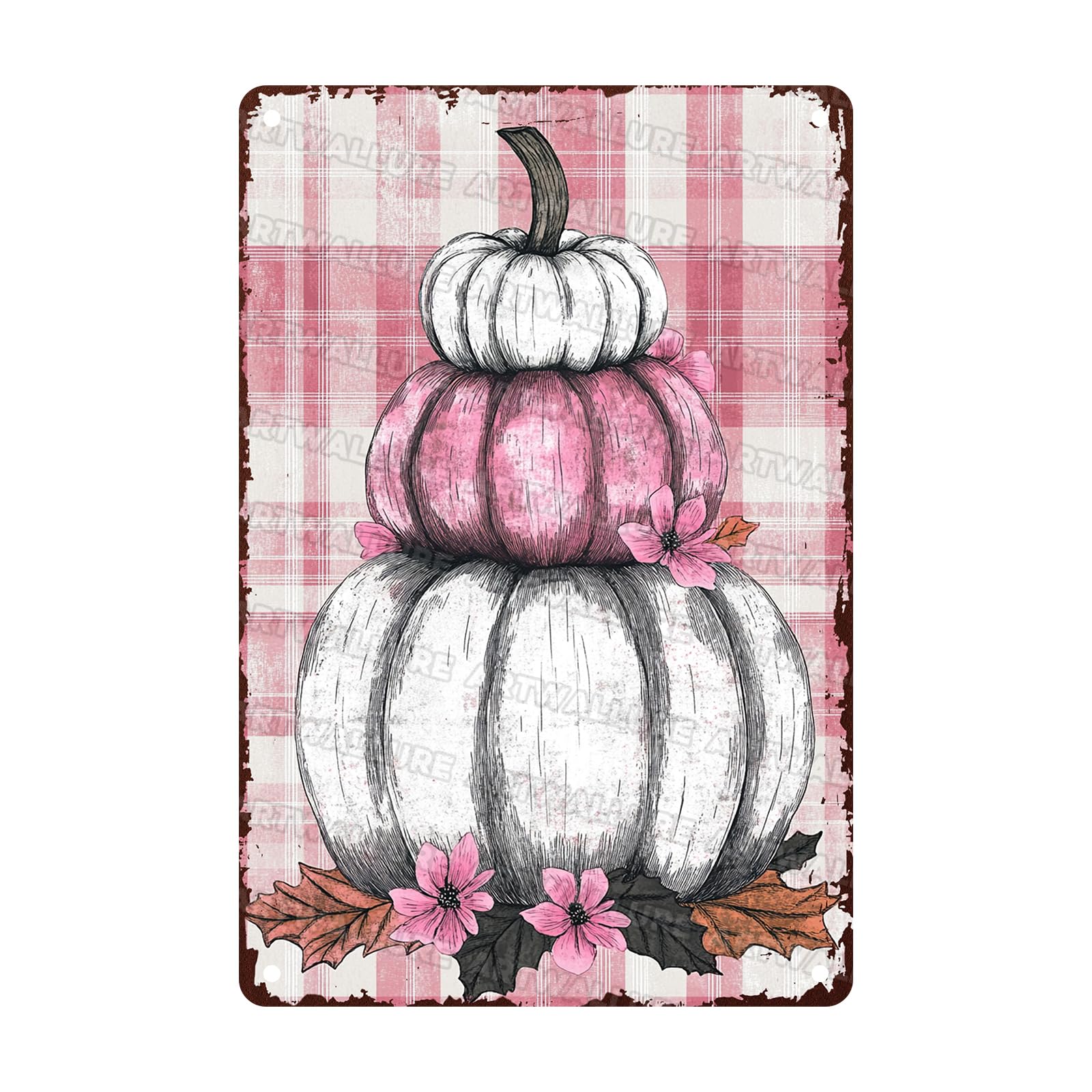 Fall White Pumpkin Patch Vintage Metal Tin Sign Rustic Wall Decor Autumn Eucalyptus Leaves Thanksgiving Farmhouse Retro Wall Art 8x12inch