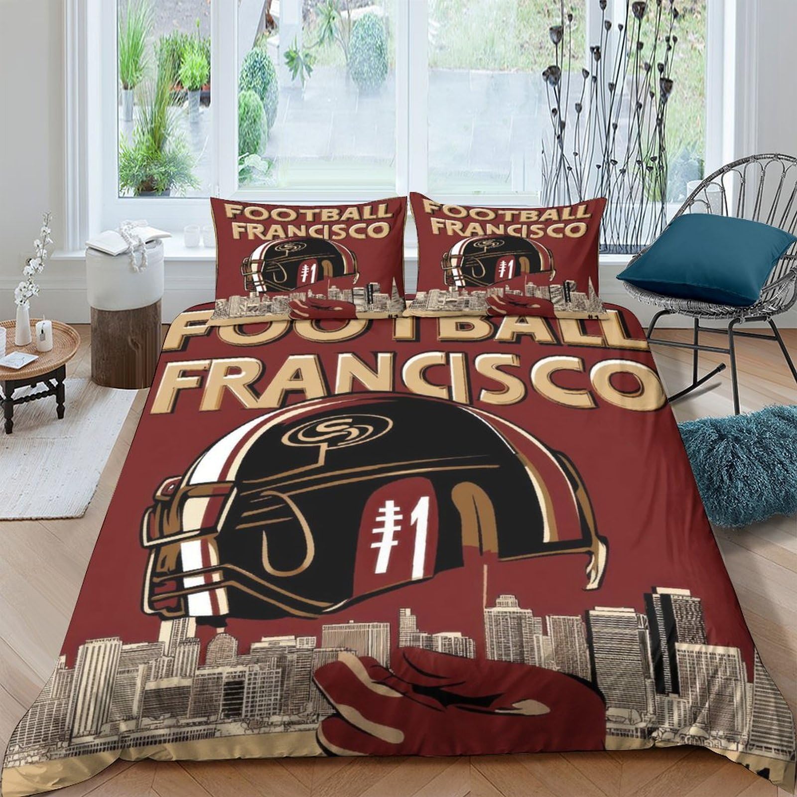 Ctjqhvkz Style-10 3D Printed San Francisco Football Fitted Sheet Microfiber Red Gold Bed Cover City Skyline For Bedroom Dorm Mattress Decor Single（135X200cm）