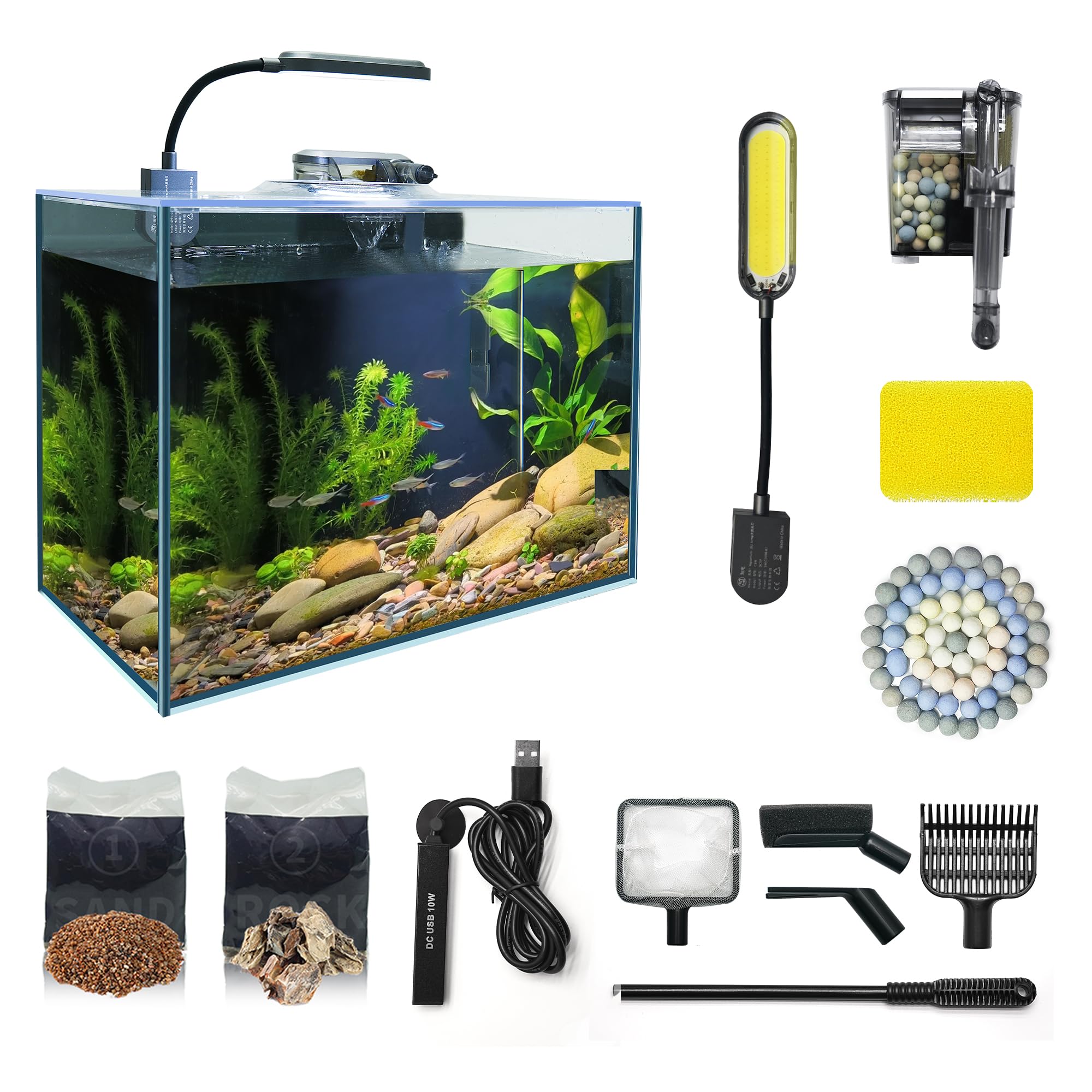 Small Aquarium Starter Kit, 2.6 Gallon Glass Betta Fish Tank with Heater Self Cleaning System Efficiency Filter Bright Light Rocks Gravel Cleaning Tool Set, Leak-Proof Ultra-Clear Rimless Desktop Tank