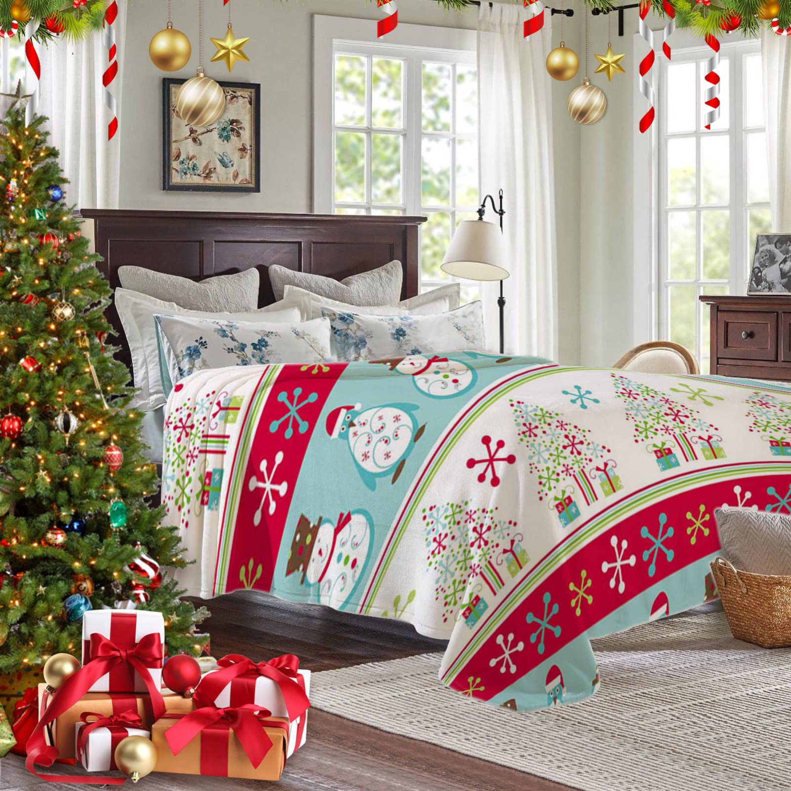 RDJSHOP Manta Navideña, Manta de Vellón de Copos de Nieve Navideños Regalo, Manta Navidad de Felpa para Sofá, Cama y Decoración del Hogar,Style3-150x220cm